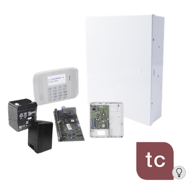 Kit de alarma con panel de 8 zonas cableadas y hasta 40 inalámbricas, comunicador IP/4G y monitoreo Total Connect