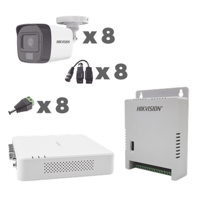 KIT TurboHD 1080p / DVR 8 Canales con audio por coaxitron / 8 Cámaras con Micrófono Integrado 101° Visión/  luz blanca + IR visión nocturna  / Transceptores / Conectores / Fuente de Poder Profesional