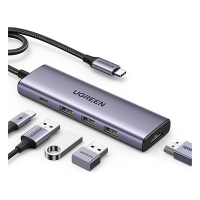 HUB USB-C (Docking Station) 5 en 1 | HDMI 2.0 4K@30Hz | 3 USB-A 3.0 (5Gbps) | USB-C PD Carga 100W | Potente Disipación de Calor | Chip de Ultima Generación | Cable de Nylon Trenzado de 25 cm | Carcasa de Aluminio.