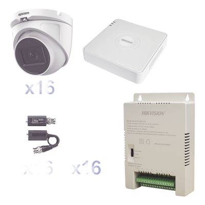 KIT TurboHD 1080p Lite / DVR 16 Canales / 16 Cámaras Eyeball  Exterior ( 2.8mm) / Transceptores / Conectores / Fuente de Poder Profesional