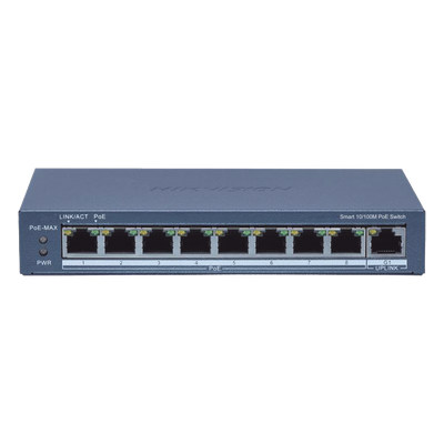 Switch Administrable PoE+ / 8 puertos 100 Mbps PoE+ / 1 puerto 1000 Mbps de Uplink / PoE hasta 300 Metros / Conexión Remota desde Hik-ParnerPro / 110 W