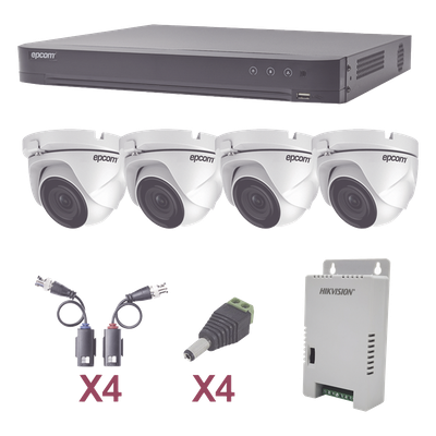 KIT TurboHD 1080p / DVR 4 Canales / 4 Cámaras Eyeball (exterior 2.8 mm) / Transceptores / Conectores / Fuente de Poder Profesional
