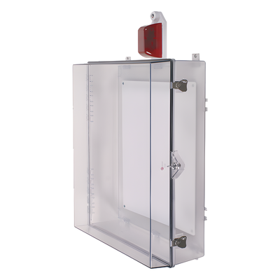 Gabinete Grande de Policarbonato Transparente Súper Resistente con Sirena/Estrobo y Cerradura con Llave