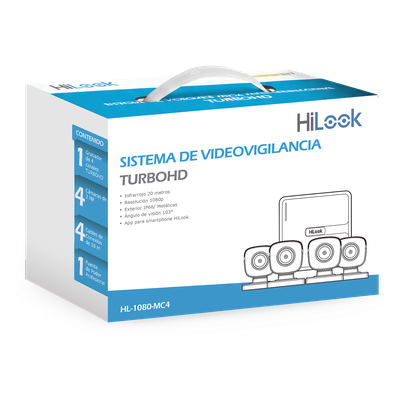 KIT TurboHD 1080p / DVR 4 canales / 4 Cámaras Bala de Metal / H.265+ / 1 Fuente de Poder Profesional / Accesorios de Instalación