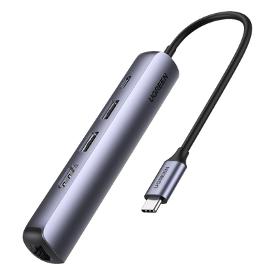 HUB USB-C (Docking Station) 5 en 1 | Ultra Delgado | 2 USB-A 3.1 a (5 Gbps) | HDMI 4K@60Hz | RJ45 (Gigabit Ethernet) | USB-C PD Carga Rápida 100W | Soporta OTG | Chips Inteligentes | Pequeño y Ligero | Caja de Aluminio.