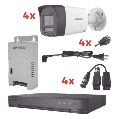 Kit Audio Bidireccional TurboHD 1080p / DVR 4 Canales / 4 Cámaras Bala (Exterior) con Bocina y Microfóno Integrado / 1 Fuente de Poder / Accesorios