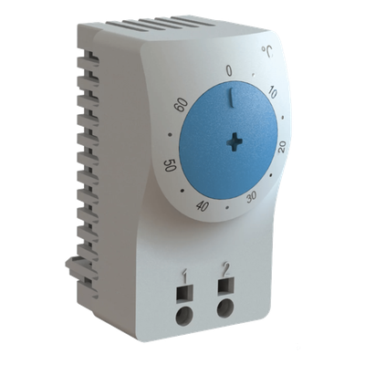 Termostato/Interruptor Para Control de Temperatura en Grados Celsius, Para Uso con Ventiladores, Con Terminales de Conexión, y Clip para Riel Din de 35 mm, Color Gris Claro