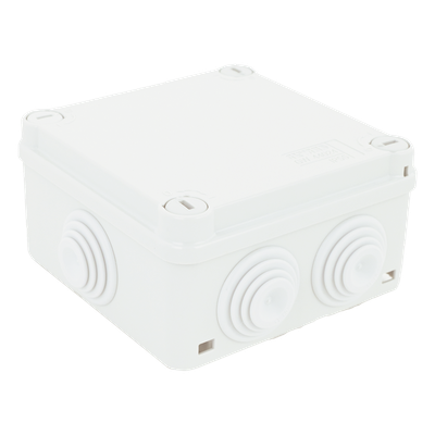 Caja Estanca de PVC Para Derivación y Conexión, 6 Entradas, Tapa con Tornillo de 1/4" de Vuelta, 100x100x50 mm (Área Interna), Uso Exterior IP55, Material que no Propaga el Fuego y Libre de Hálogenos