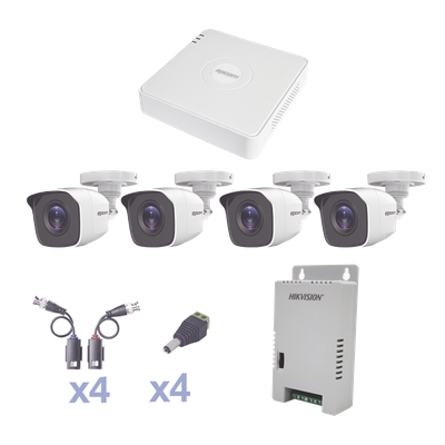 KIT TurboHD 1080 Lite / DVR 4 Canales / 4 Cámaras Bala (exterior 2.8 mm) / Transceptores / Conectores / Fuente de Poder Profesional