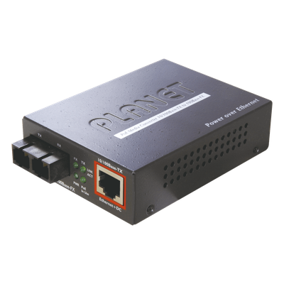 Convertidor de medios 100 Mbps UTP PoE/fibra óptica Mono-Modo hasta 15 Km, conector SC