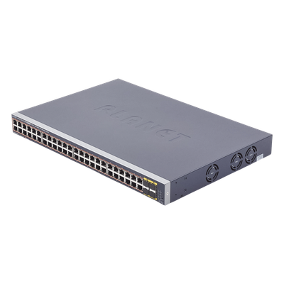 Switch Administrable PoE / 48 Puertos Gigabit RJ45 / 4 Puertos SFP / 440W PoE / 104 Gbps / 1.44 ft (0.44 m) Profundidad