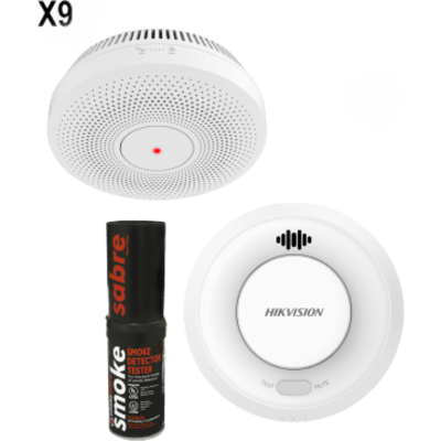 Kit de Detección de Humo HikFire / 9 Detectores Interlink HF-S3E-R + 1 Hub Wi-Fi HF-SG3-WF/R / Interconectable 30 Dispositivos / Hik-Connect / Probador SABRE Incluido / Batería 10 Años / Alarma 85 dB