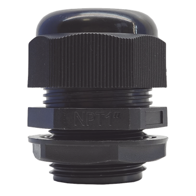Conector Glándula Plástico / Rosca NPT 1" (25.4 mm) / Rango de Cable 16-22 mm / Color Negro / 7 Dimensiones Precisas