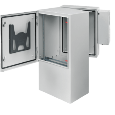 Gabinete Industrial ProTek de Puerta Sólida, Con Aire Acondicionado de 4000 BTU, Protección NEMA Tipo 4/12/4X; IP66; IK10, Abatible, Fabricado en Acero, 26 UR, Color Gris Claro